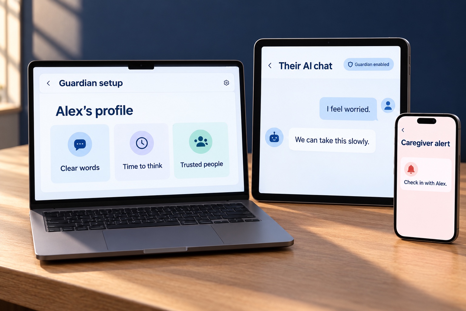 A laptop with Guardian caregiver setup, a tablet showing their existing AI chat with Guardian enabled, and a phone with a caregiver alert
